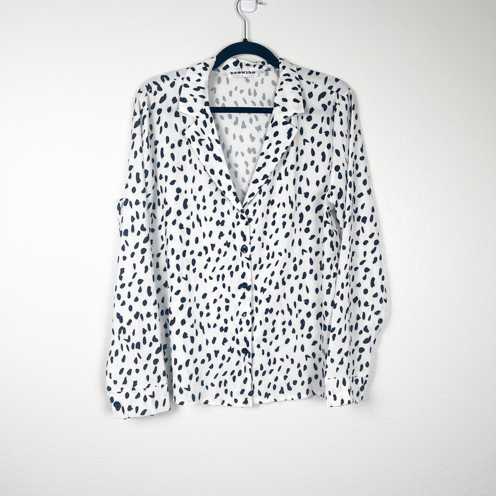 Ecowish Womens Animal Print Button Up Blouse White Black Long Sleeve Size L